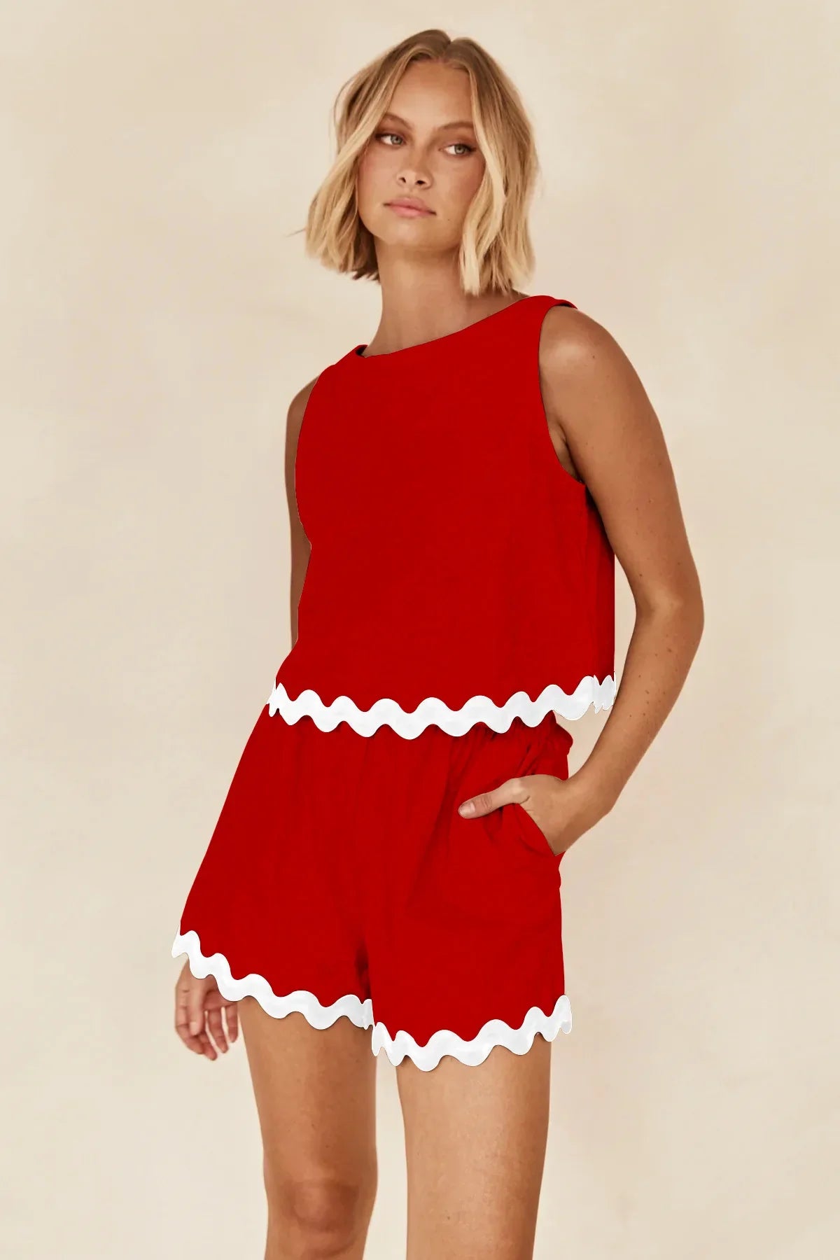 Wave Stripe Patchwork Tops High Waist Shorts Set
