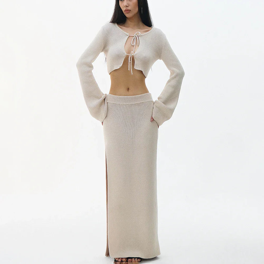 Knit Solid Lace-up Cardigan Top Slit Long Skirt Set