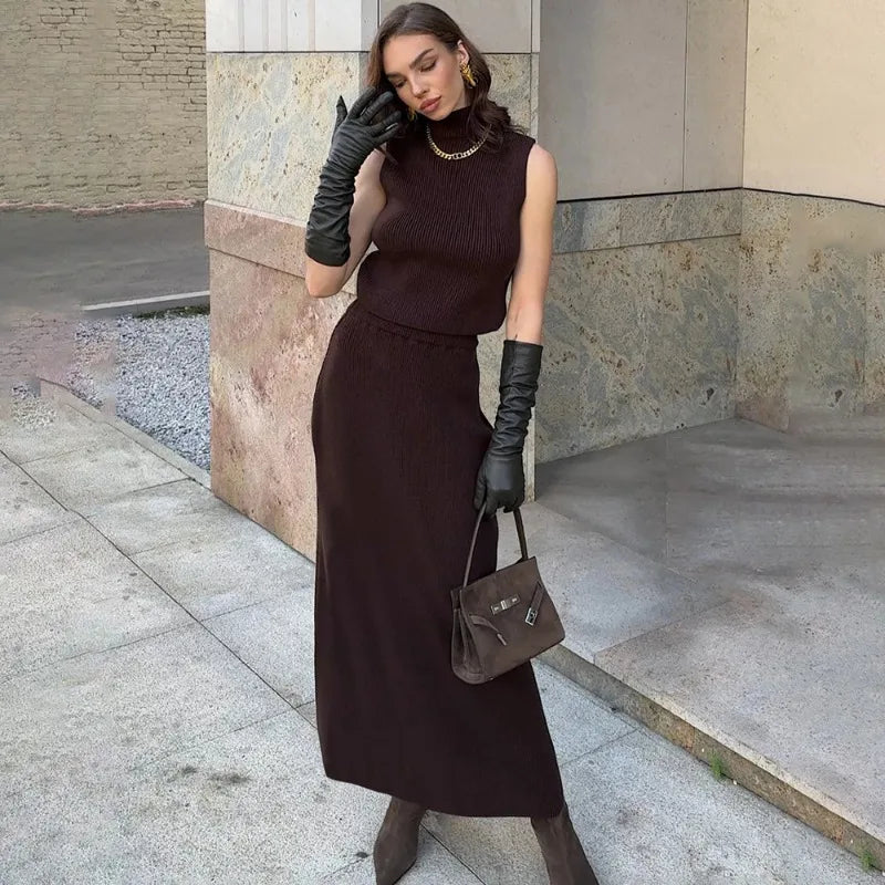 Solid Knit Sleeveless Top Long Skirt Set
