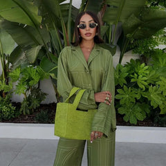 Long Sleeved Silk Geometric Shirt High Waist Pant Set