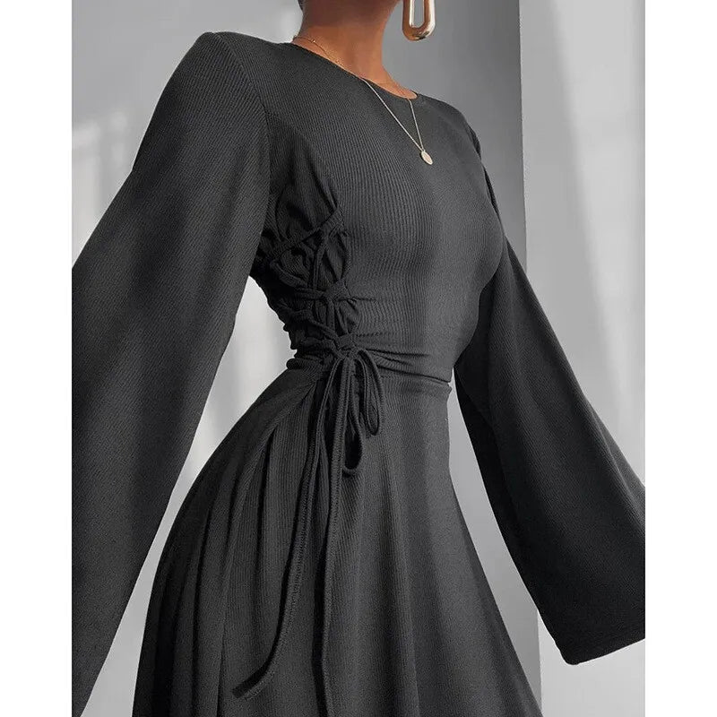 Ribbed Solid Lace-up Long Sleeve Dress