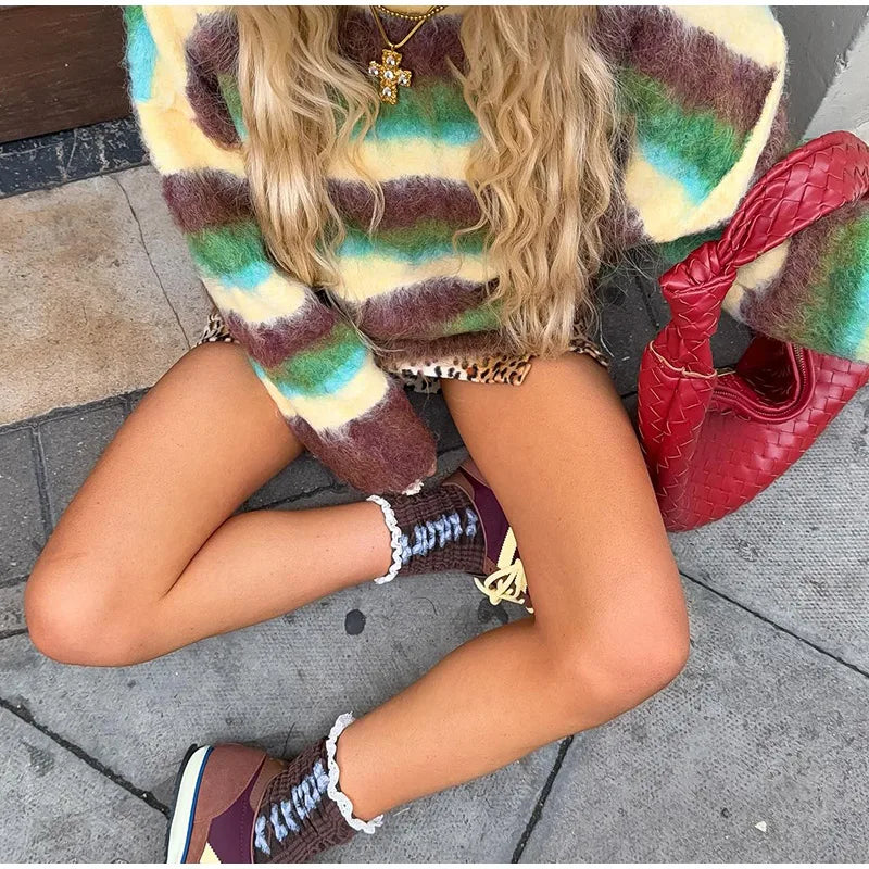 Mohair Striped Long Sleeve Contrast Sweater