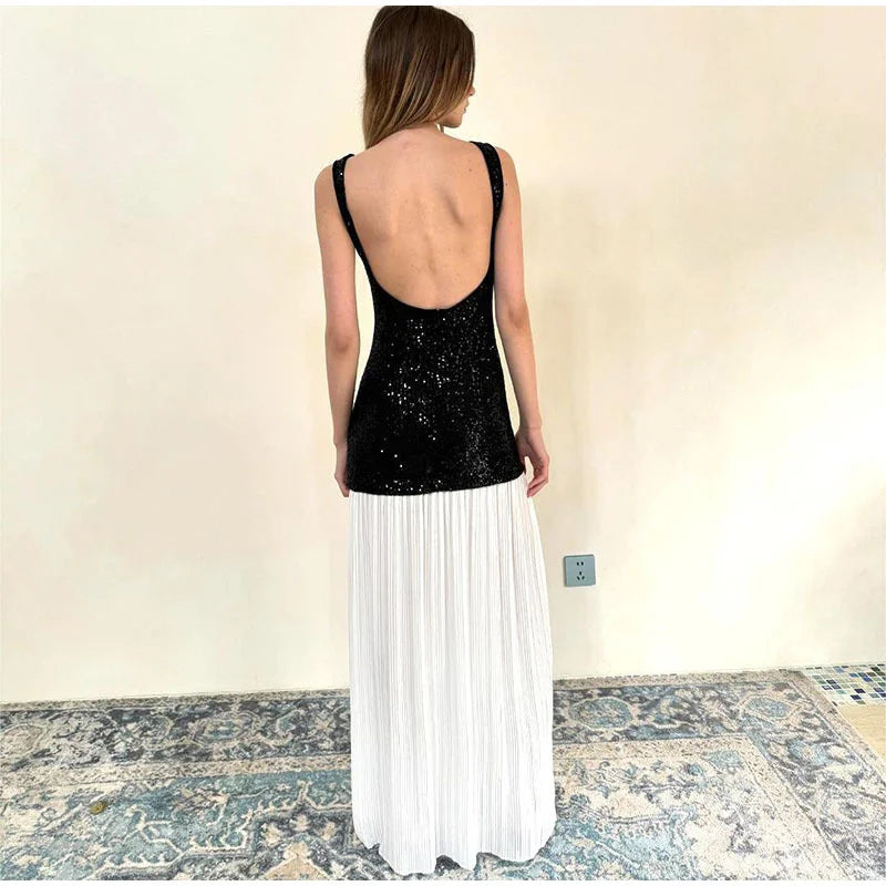 Sequined Patchwork Backless Long Dress