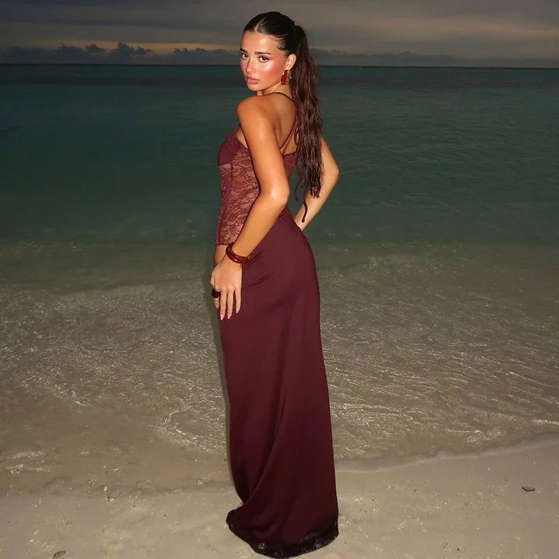 Spaghetti Strap Sheer Lace Hollow Out Long Dress