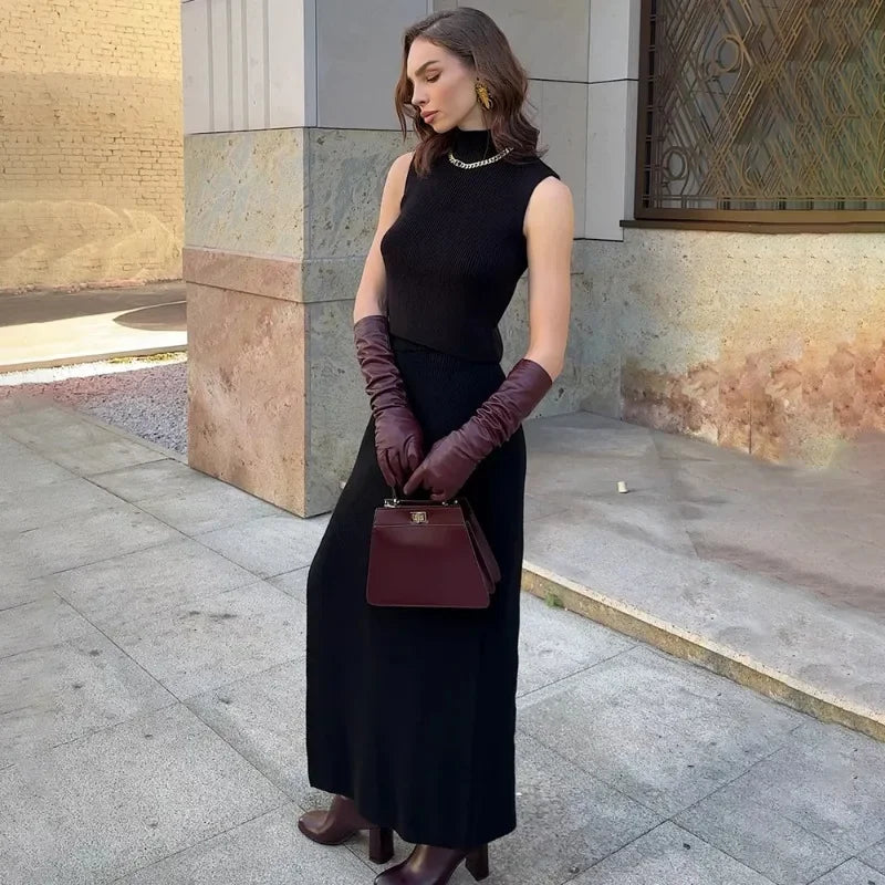 Solid Knit Sleeveless Top Long Skirt Set