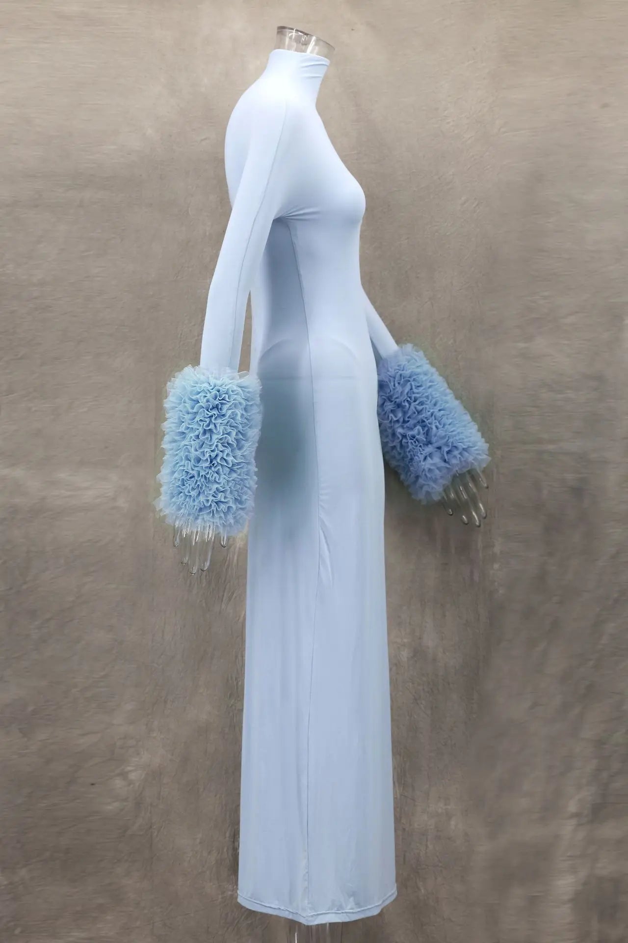 Ruffle Pleated Sleeve Blue Long Dress for Women