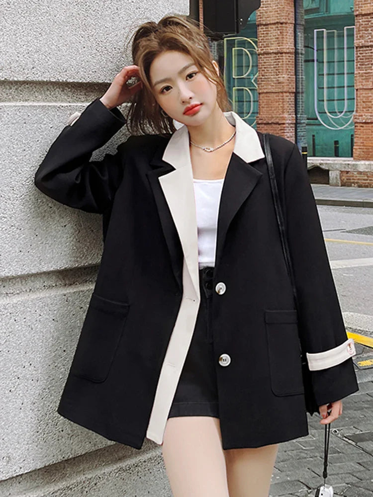 Contrast Notched Collar Patchwork Blazer