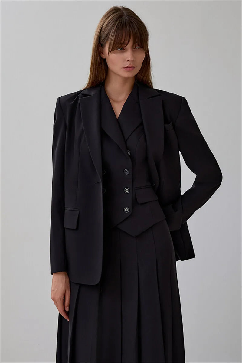Notched Collar Pleated Skirt Suit Two Piece Sets