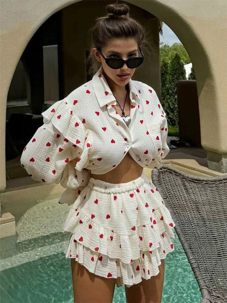 Ruffled Printed Long Sleeve Top and Shorts Sets