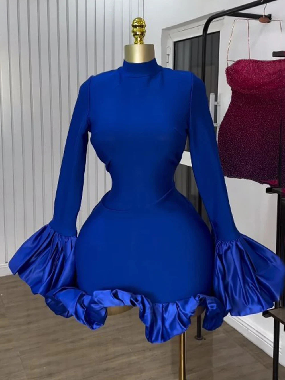 Half High Collar Trumpet Sleeve Ruffle Mini Dress