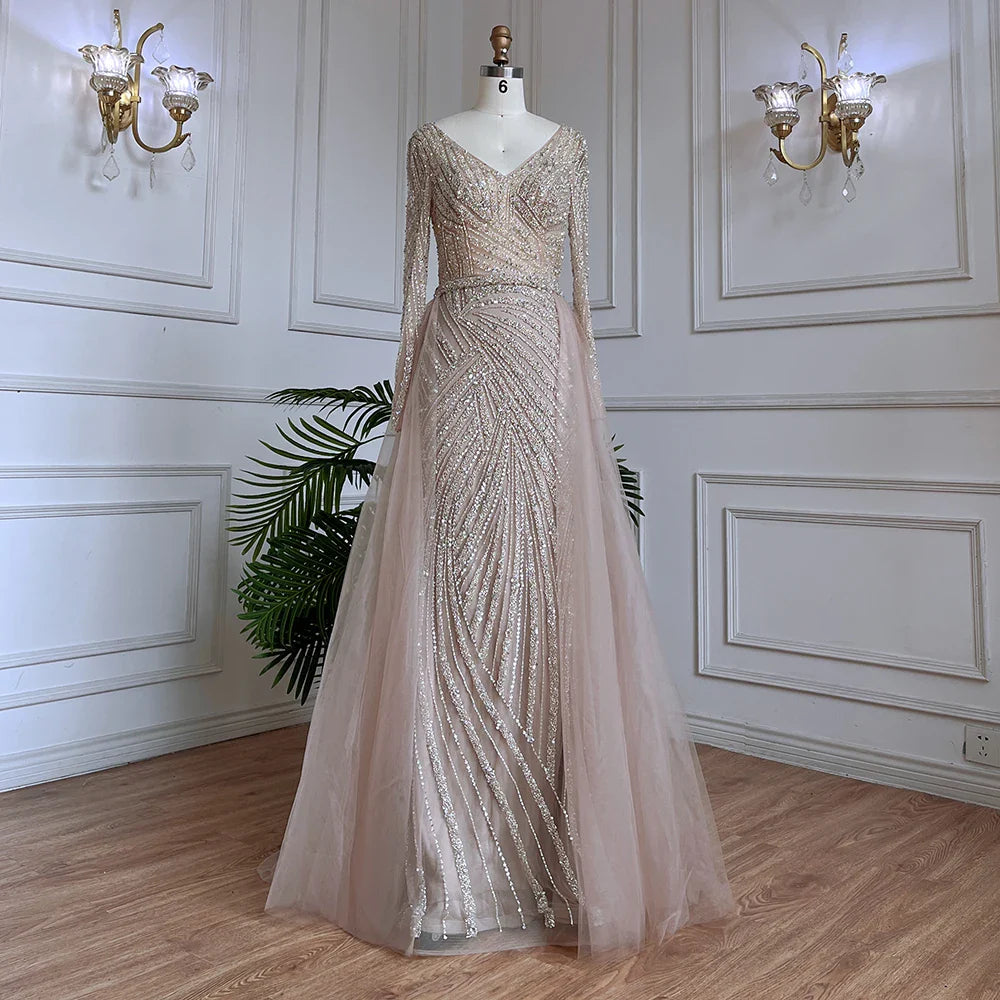 Blue Mermaid Beaded Long Sleeves Evening Gown