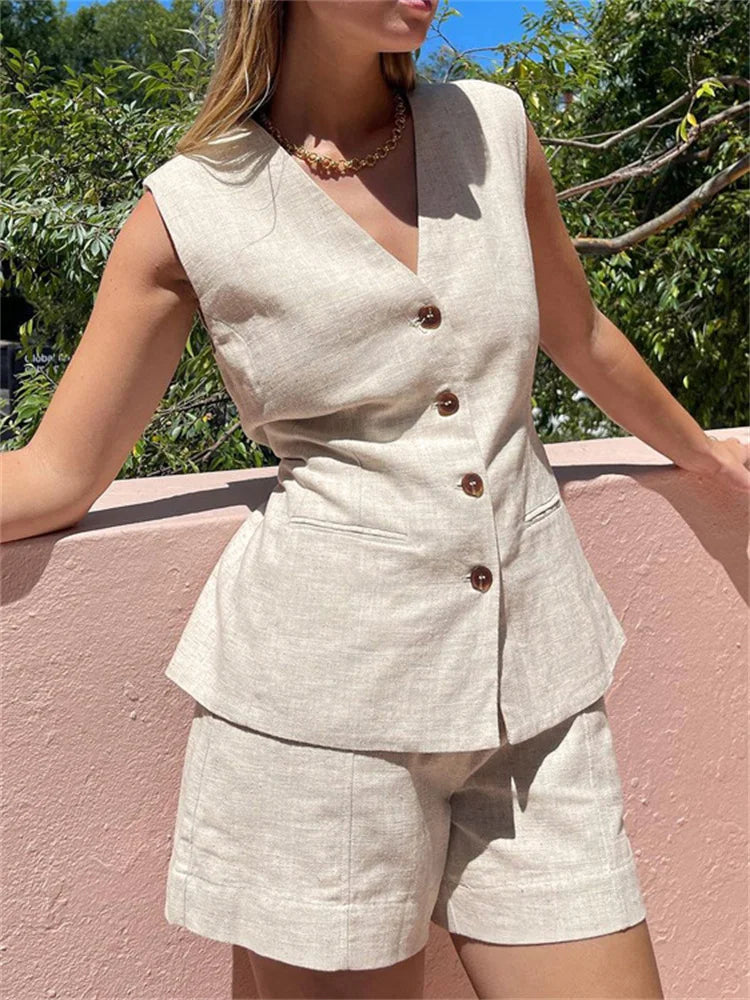 Lace-Up Sleeveless Top and High Waist Shorts Set