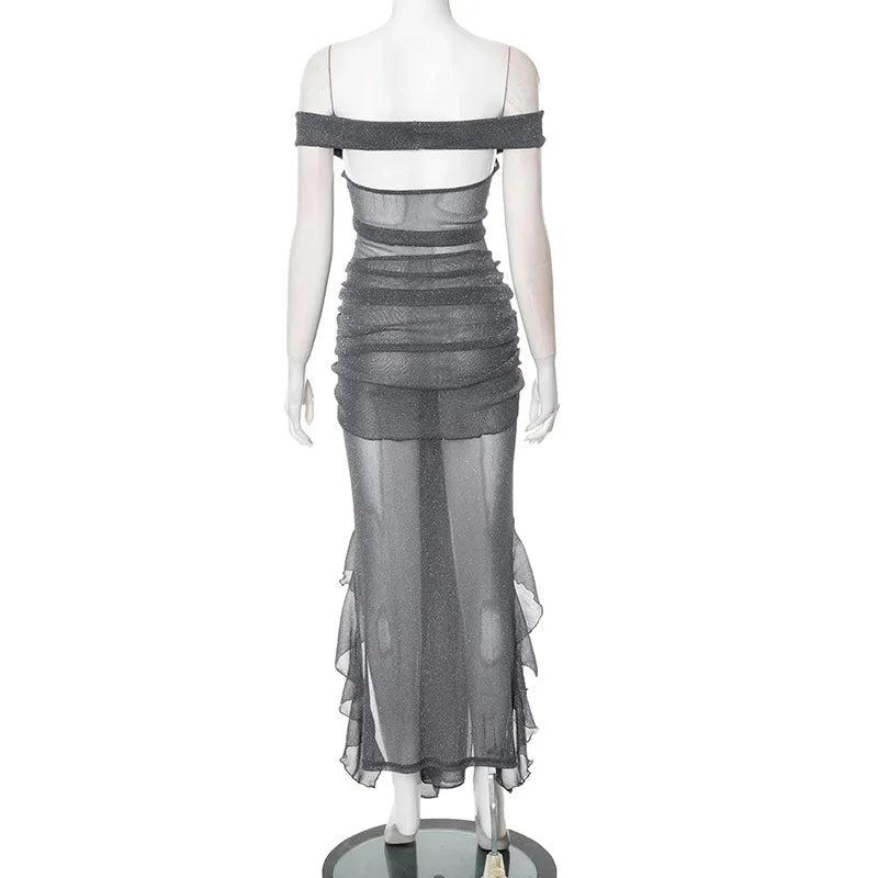 Mesh Ruffled Gray Off-shoulder Long Dress
