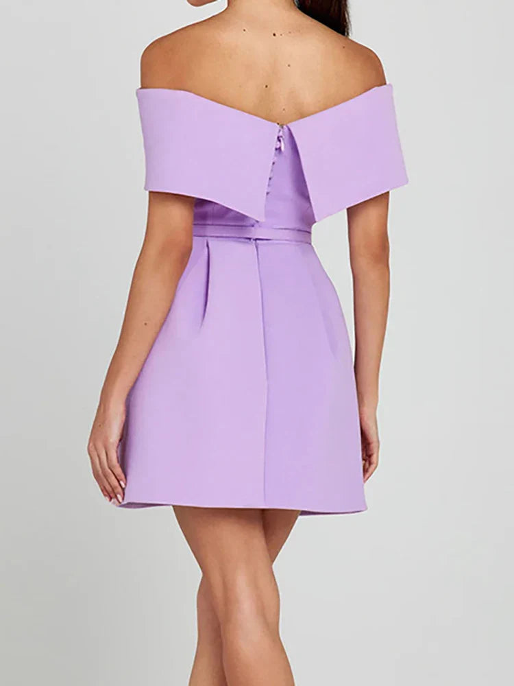 Belt Patchwork Short Sleeve Off The Shoulder Dress