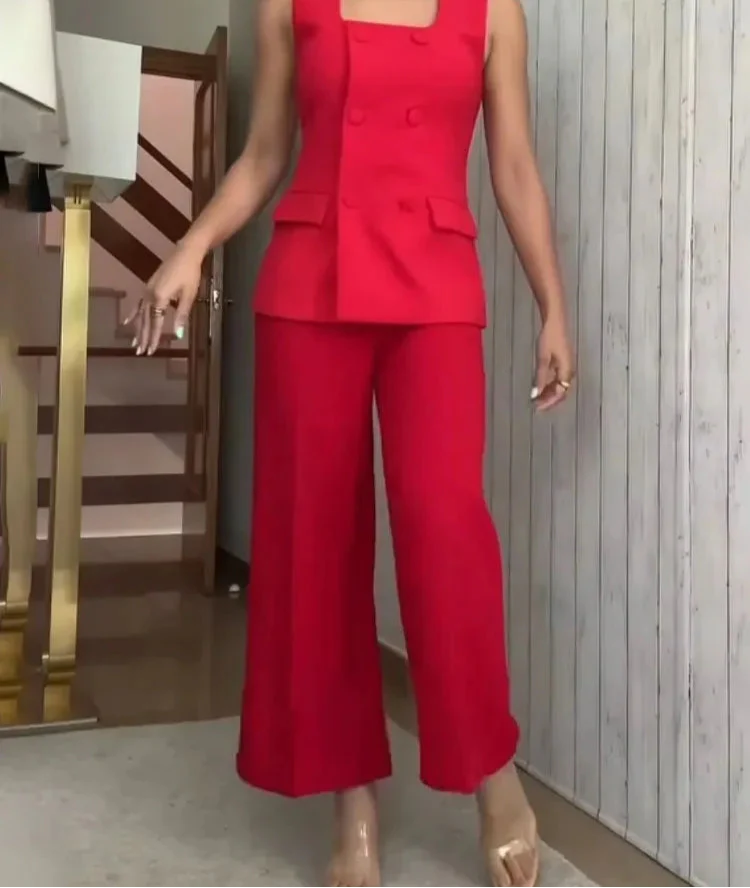Square Neck Sleeveless Waistcoat Pant Suit