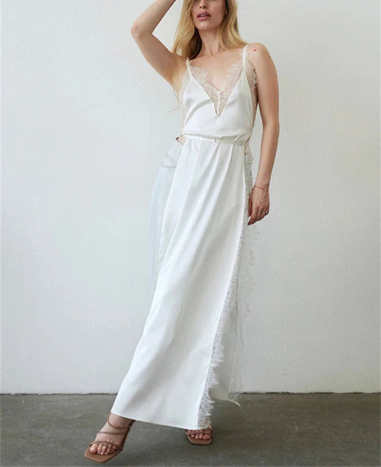 Lace Satin Patchwork High Split Maxi Dress