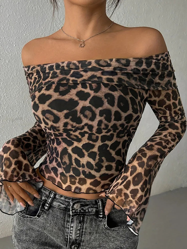 Off Shoulder Printed Leopard Long Sleeve Top
