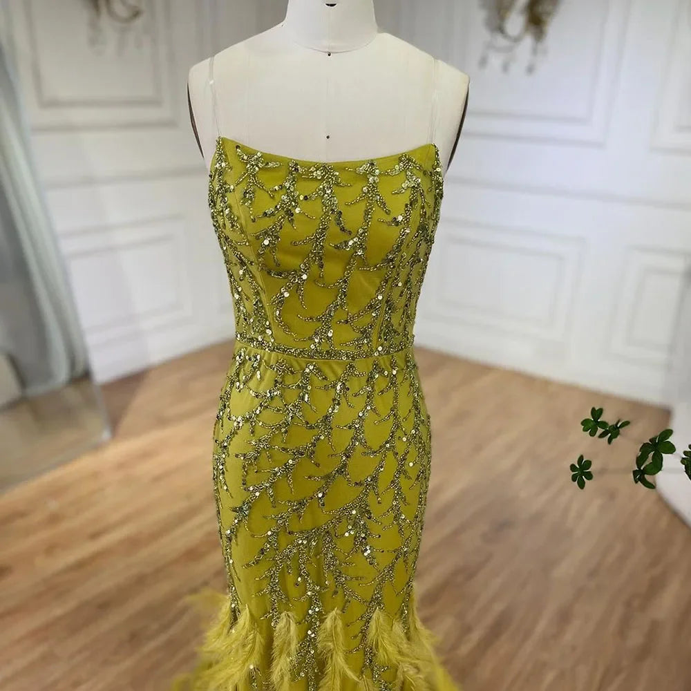 Spaghetti Strap Mermaid Feathers Beaded Prom Dress