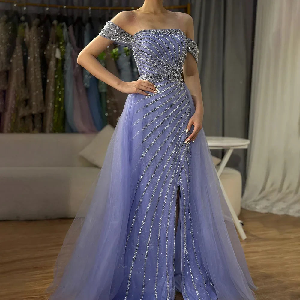 Boat Neck Split Mermaid Elegant Beaded Gowns
