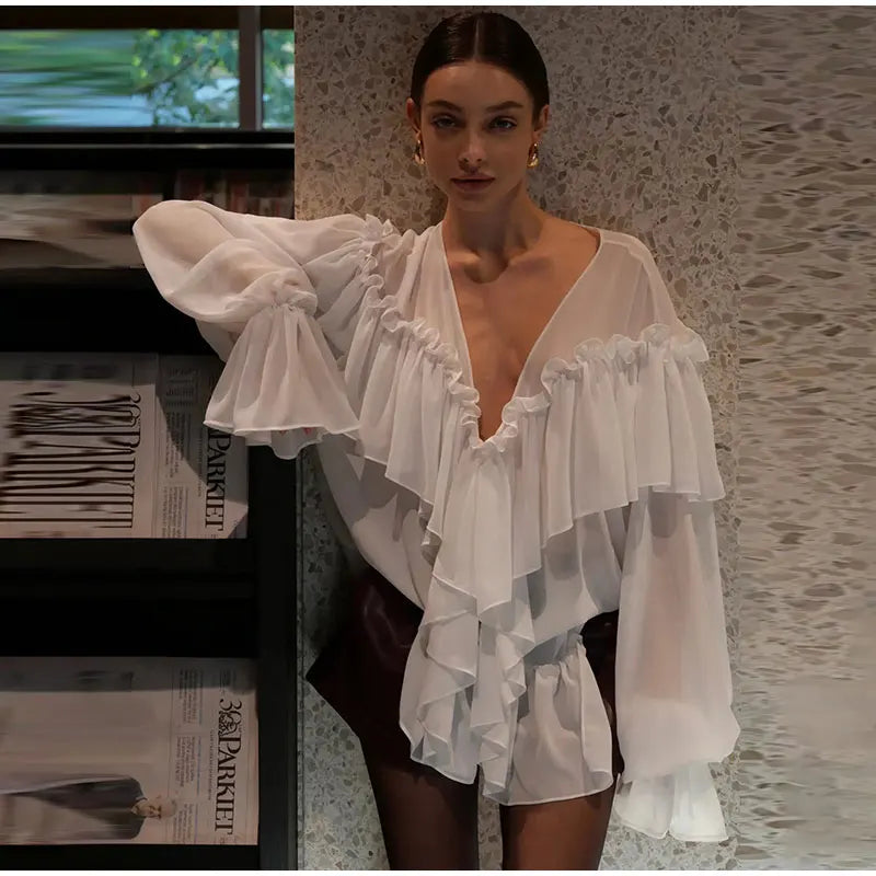 See Through Solid Long Sleeved Ruffles Tops