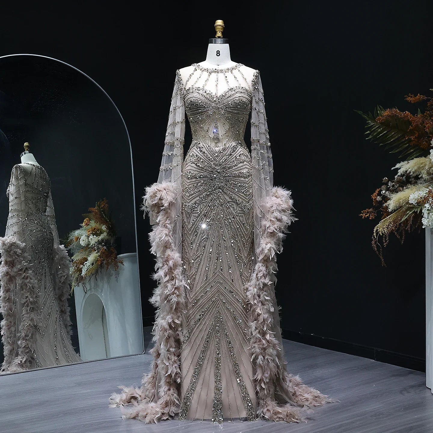 Beaded Mermaid Evening Dress with Feather Cape Sleeves