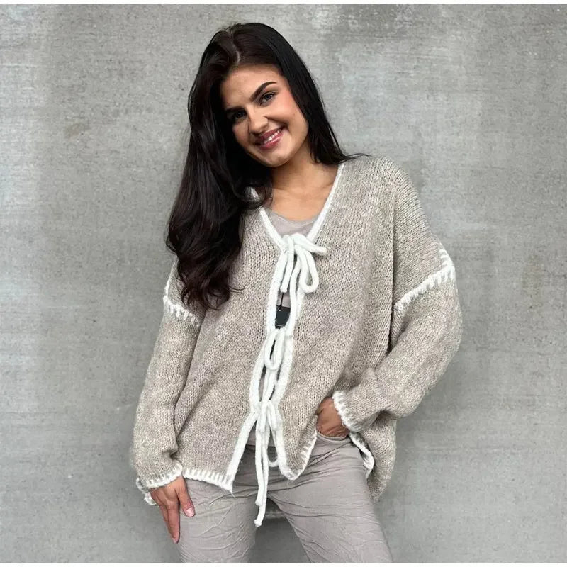 Oversized Hollow Contrast Bow Lace-Up  Knitwear Cardigan