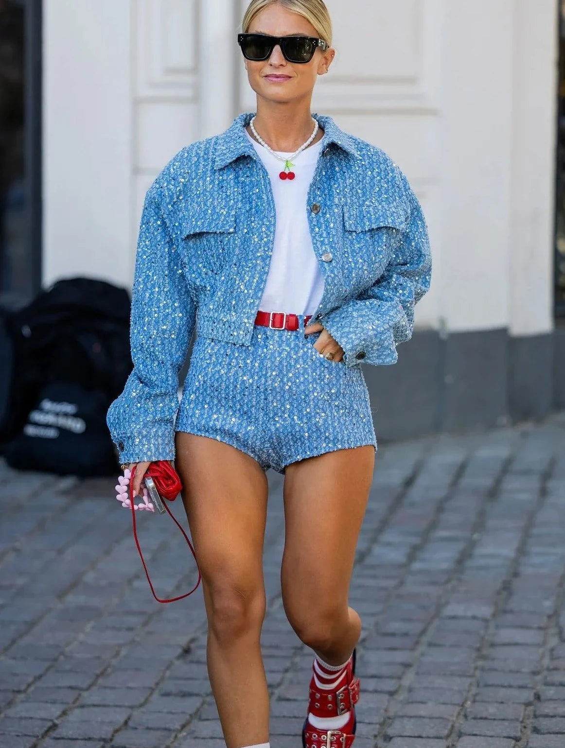 Sequins Strapless Short Skirt Denim Pants and Corset Set