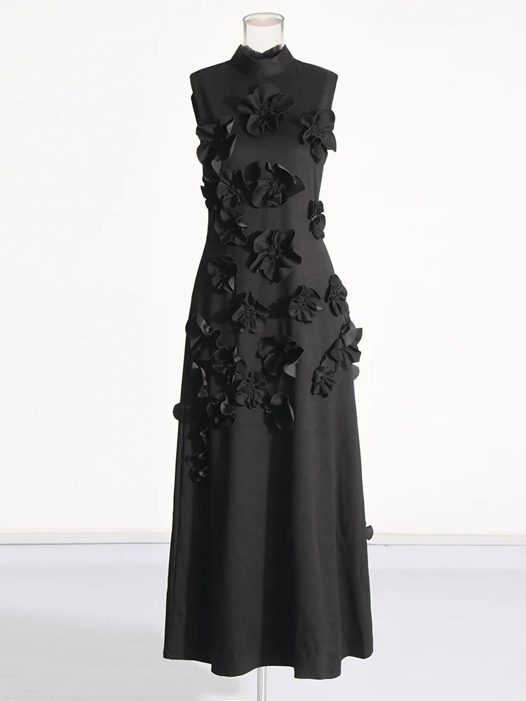 3D Flower Appliqué Mock Neck Midi Dress