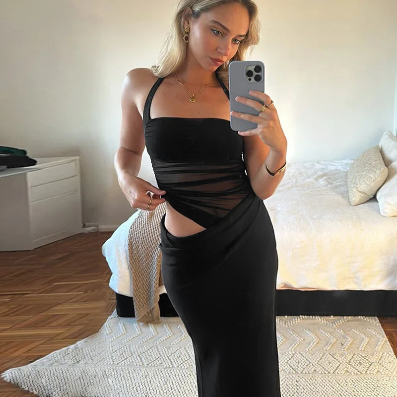 Mesh Patchwork Backless Halter Bodycon Gown