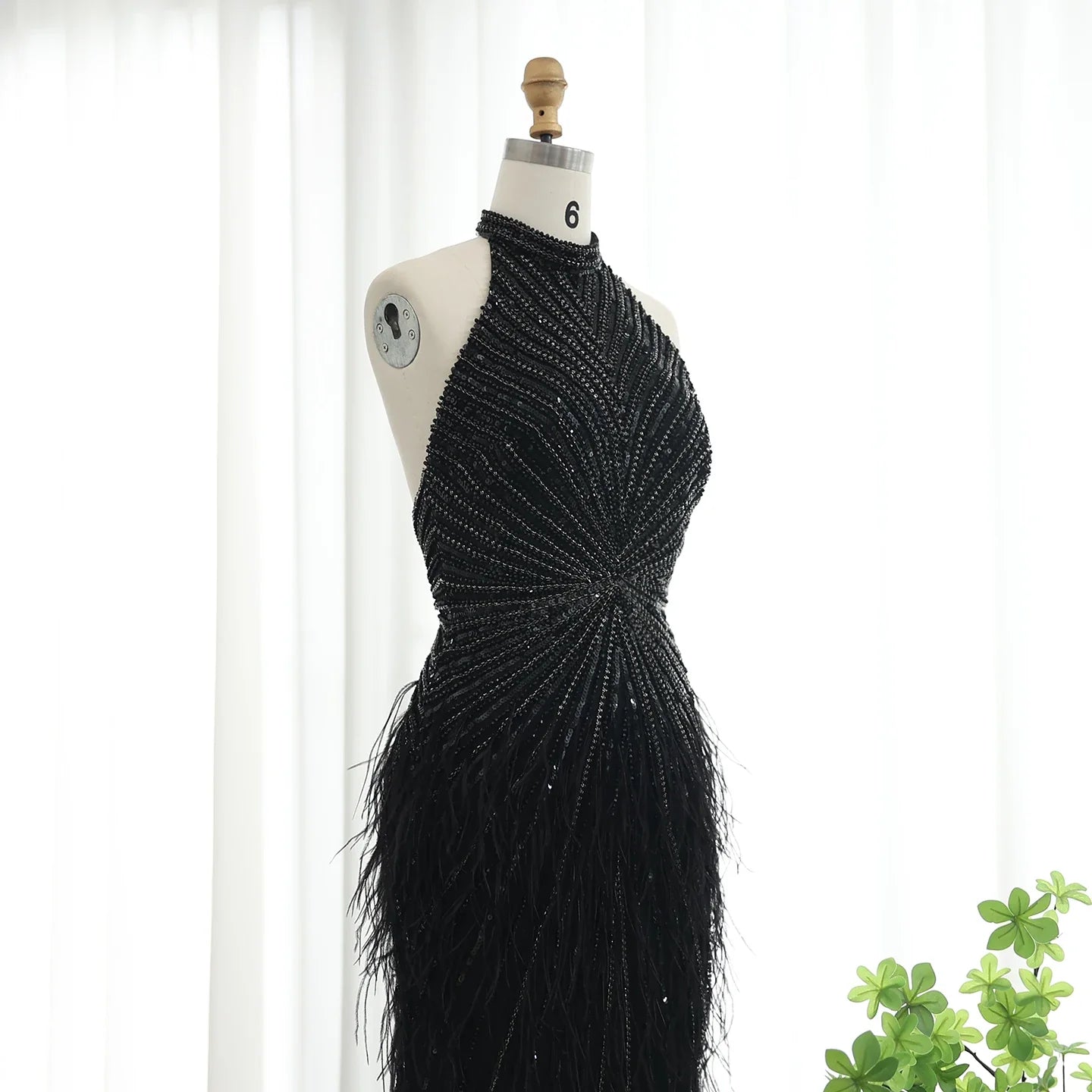 Beaded Feathers Mermaid Halter Backless Gown