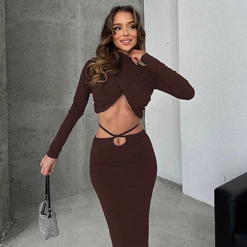 Long Sleeve Lace-up Crop Top And Long Skirt Suit