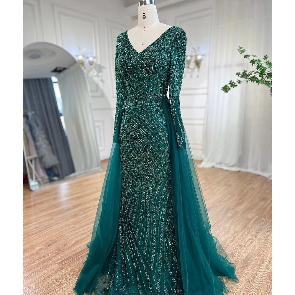 Blue Mermaid Beaded Long Sleeves Evening Gown