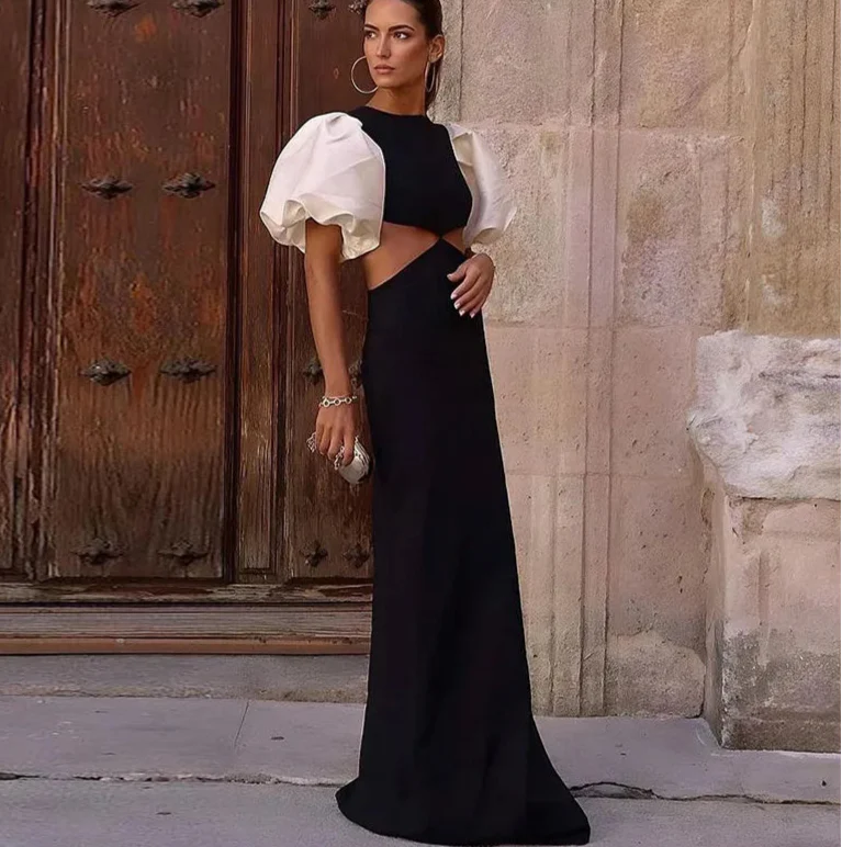 Patchwork Puff Sleeve Hollow Out Long Dress