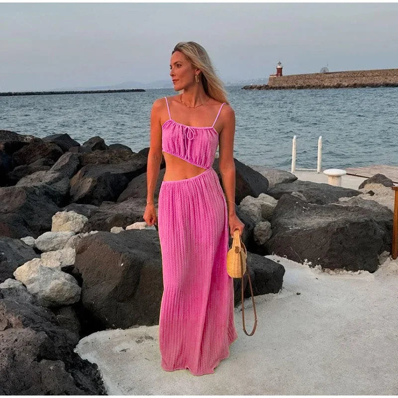 Lace Up Solid Color Open Back Long Dress