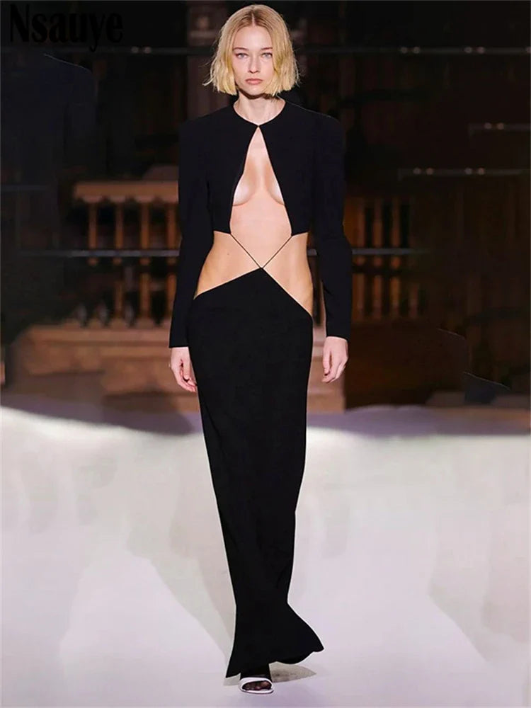 Black Cut Out Long Sleeve Dress Y2K Party Dress
