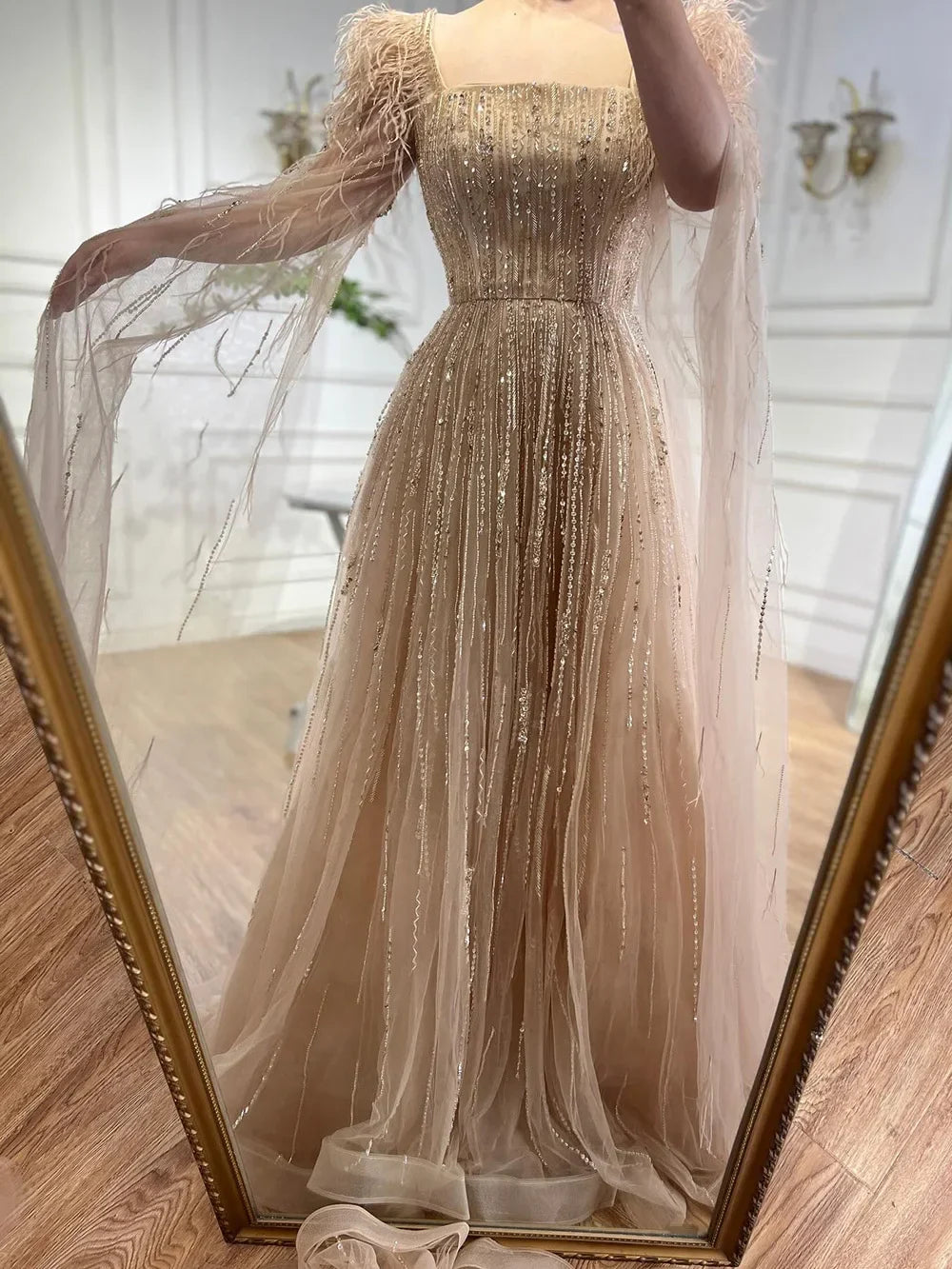 Cape Sleeves Feathers Beaded Evening Dresses