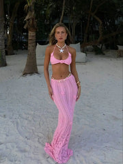 Crochet Two-piece Bandage Knit Top Long Skirt Suit