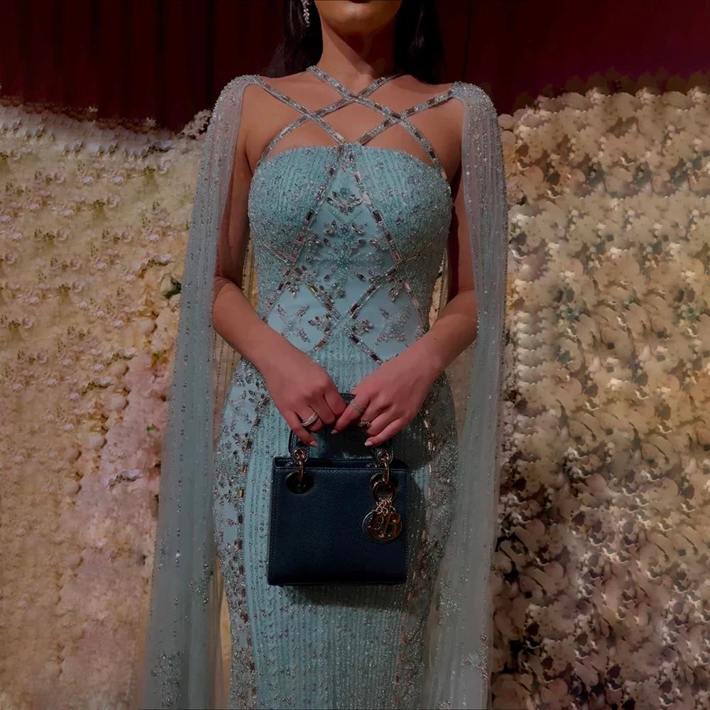 Aqua Mermaid Evening Gown with Cape Sleeves