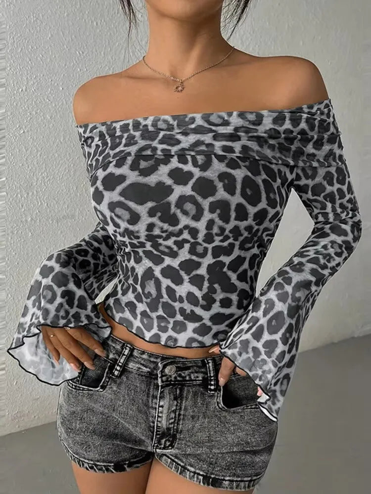 Off Shoulder Printed Leopard Long Sleeve Top