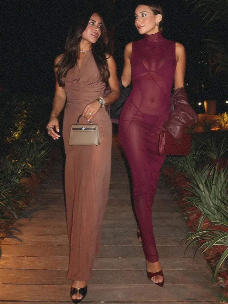 Mesh Sheer Sleeveless Stand Collar Maxi Dress
