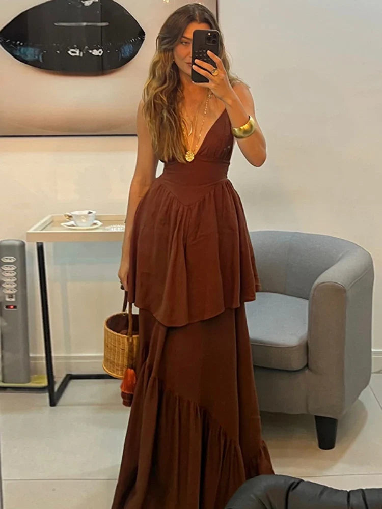 Brown V-neck Layered Maxi Dress