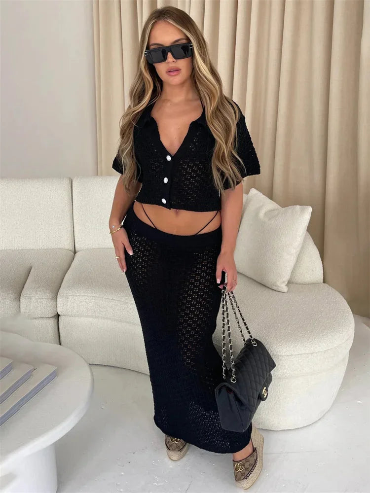 Knit Hollow Out Top and Long Skirt Suit