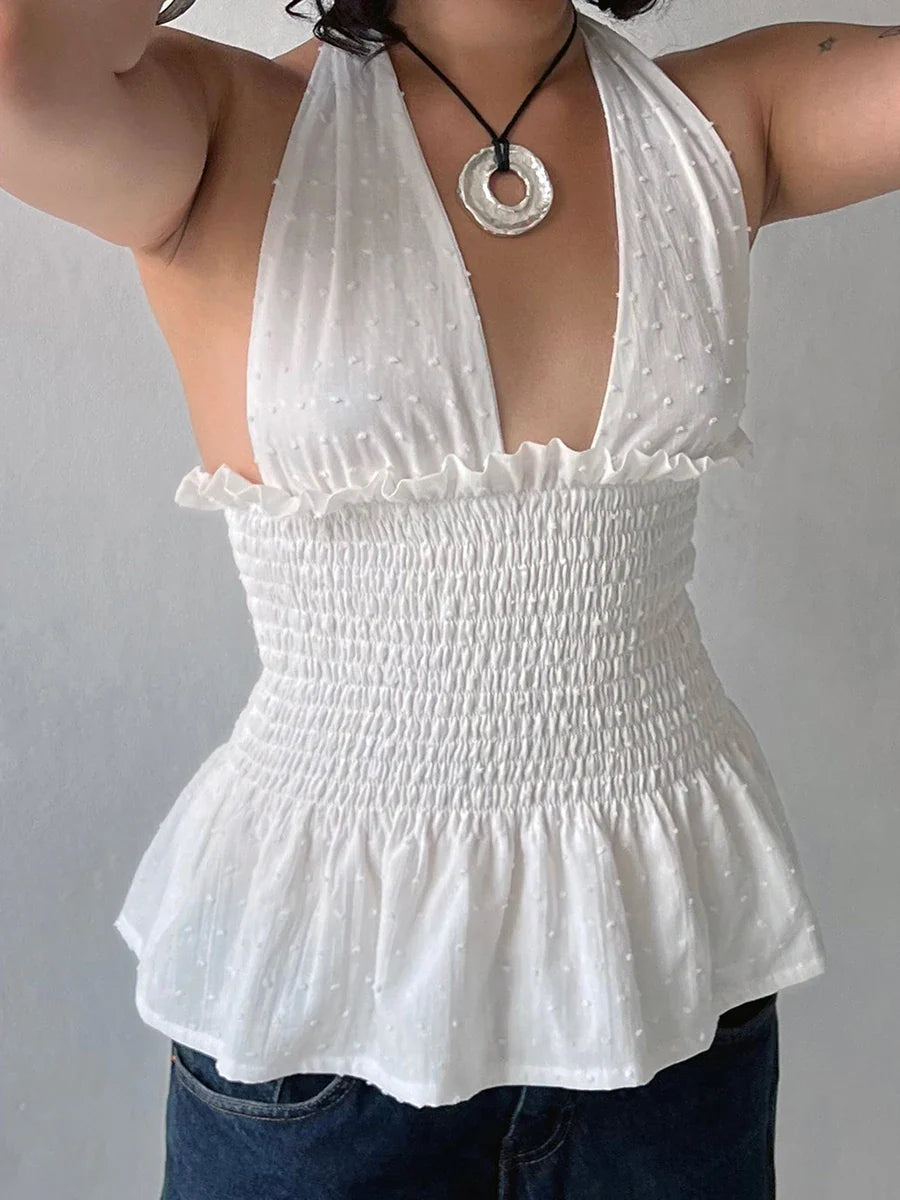 Floral Print/Swiss Dot Tie-Up Halter Backless Tops