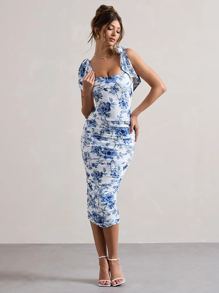 Floral Print Square Collar Midi Dress