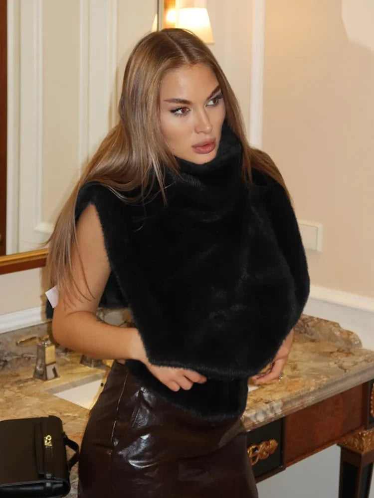 Turtleneck Faux Fur Sleeveless Jacket