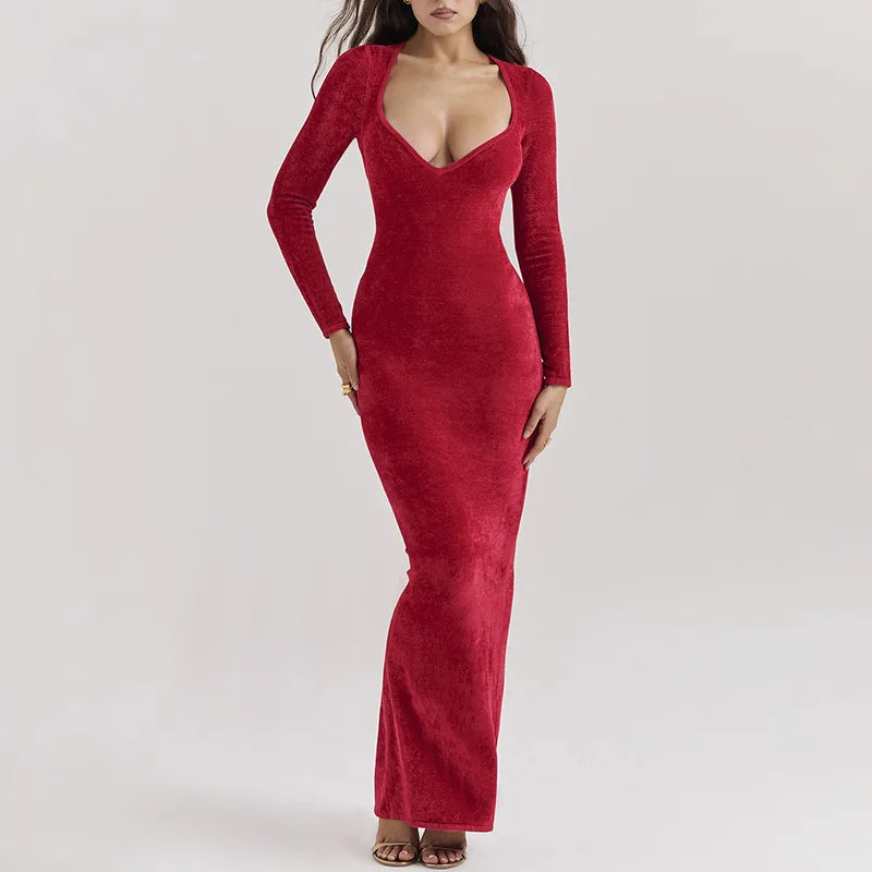 Red Long Sleeve Side Slit Dress