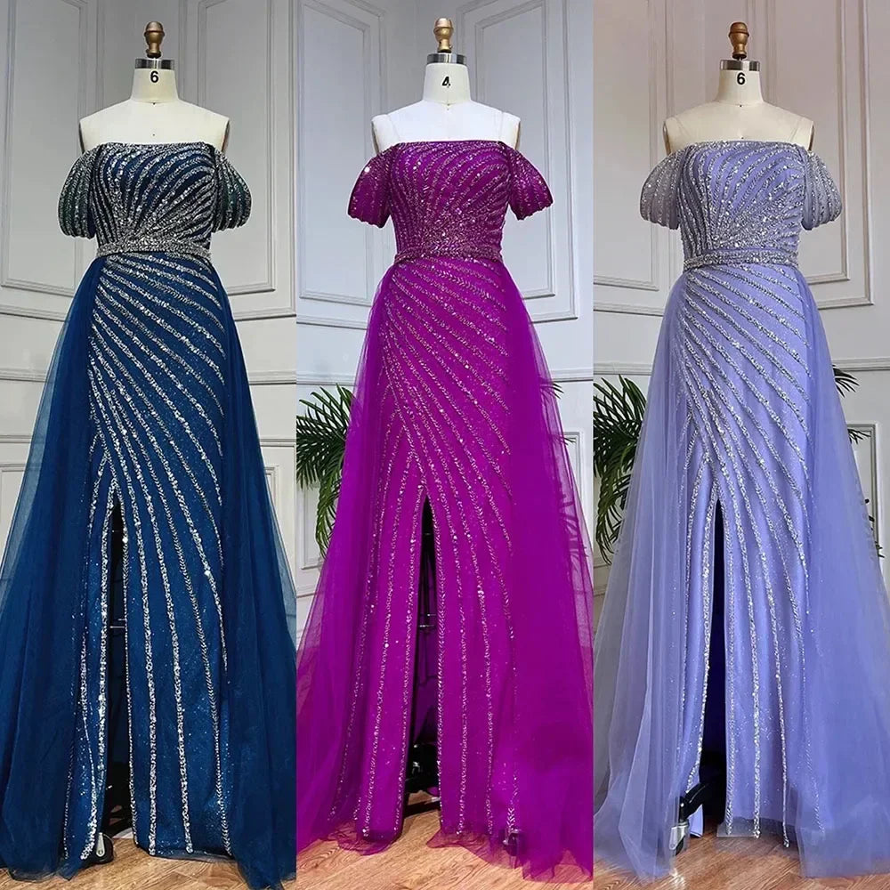 Boat Neck Split Mermaid Elegant Beaded Gowns