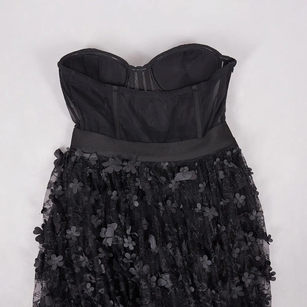 3D Flower Splicing Lace Strapless Puff Dress