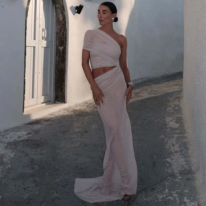 Mesh Backless One-Shoulder Long Dress