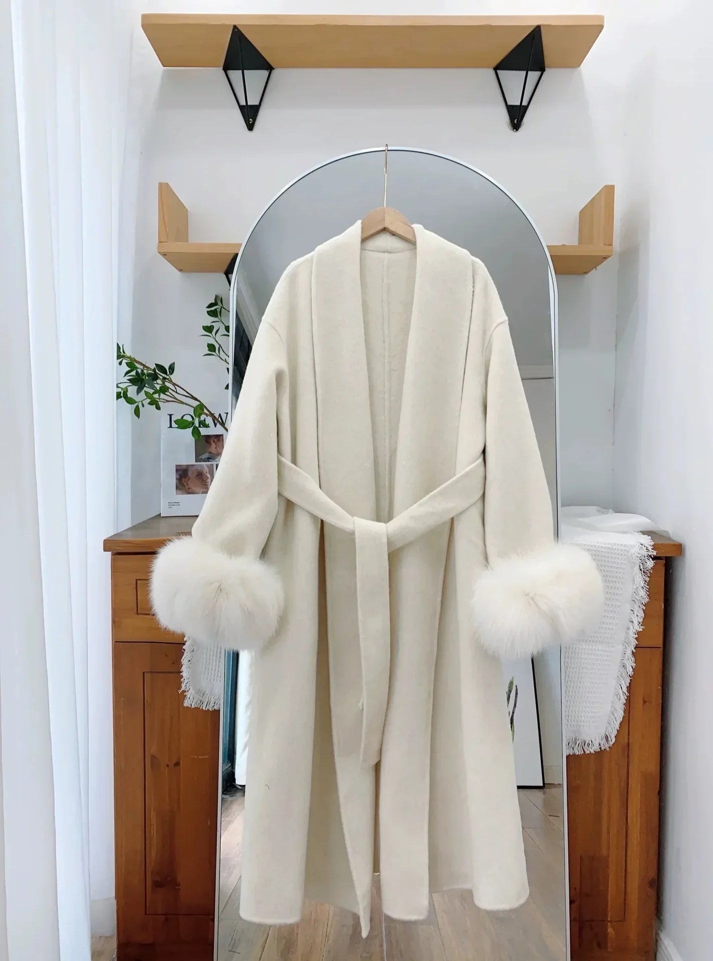 Lace-Up Fur Fluffy Lapel Long Sleeve Overcoat
